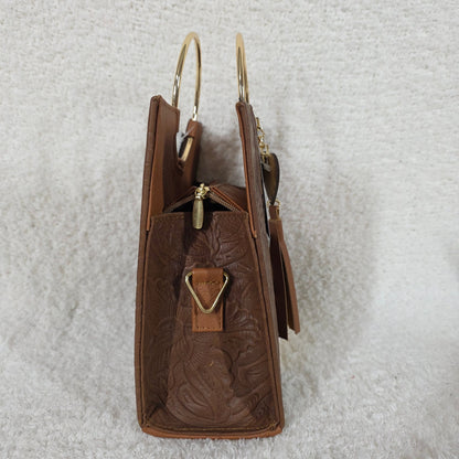 Handcrafted Mexican Brown Tooled Leather Handbag with Chiapas Loom Detail & Gold-Tone Ring Handles