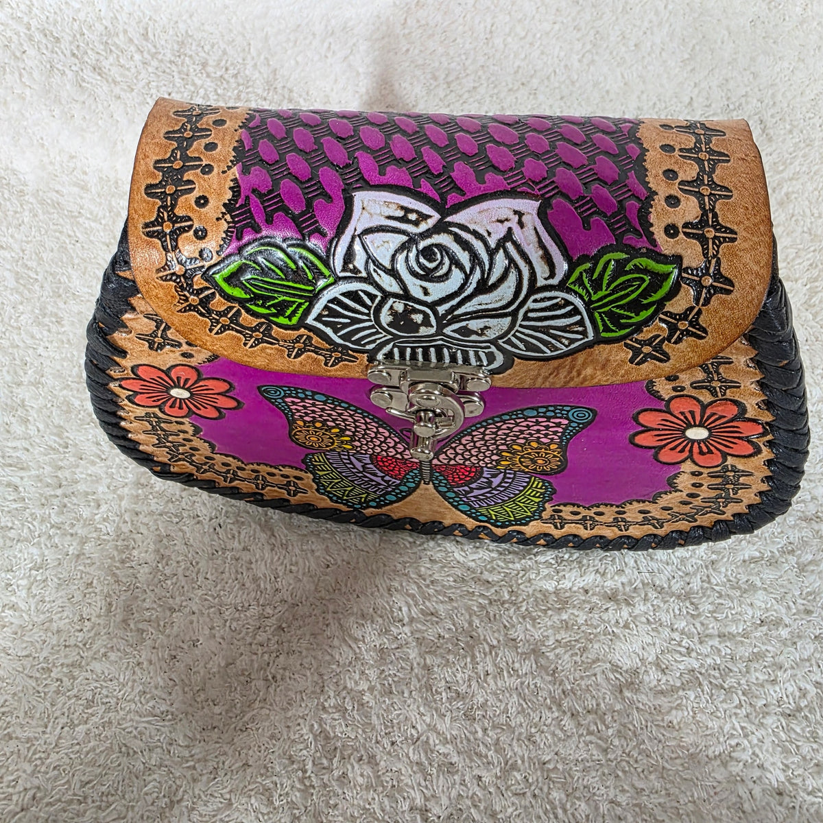 Mexican Hand-Tooled Leather Rose & Butterfly Purple Crossbody Bag