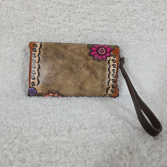 Mexican Hand-Tooled Leather Butterflies & Flowers Tan Wristlet Clutch Bag