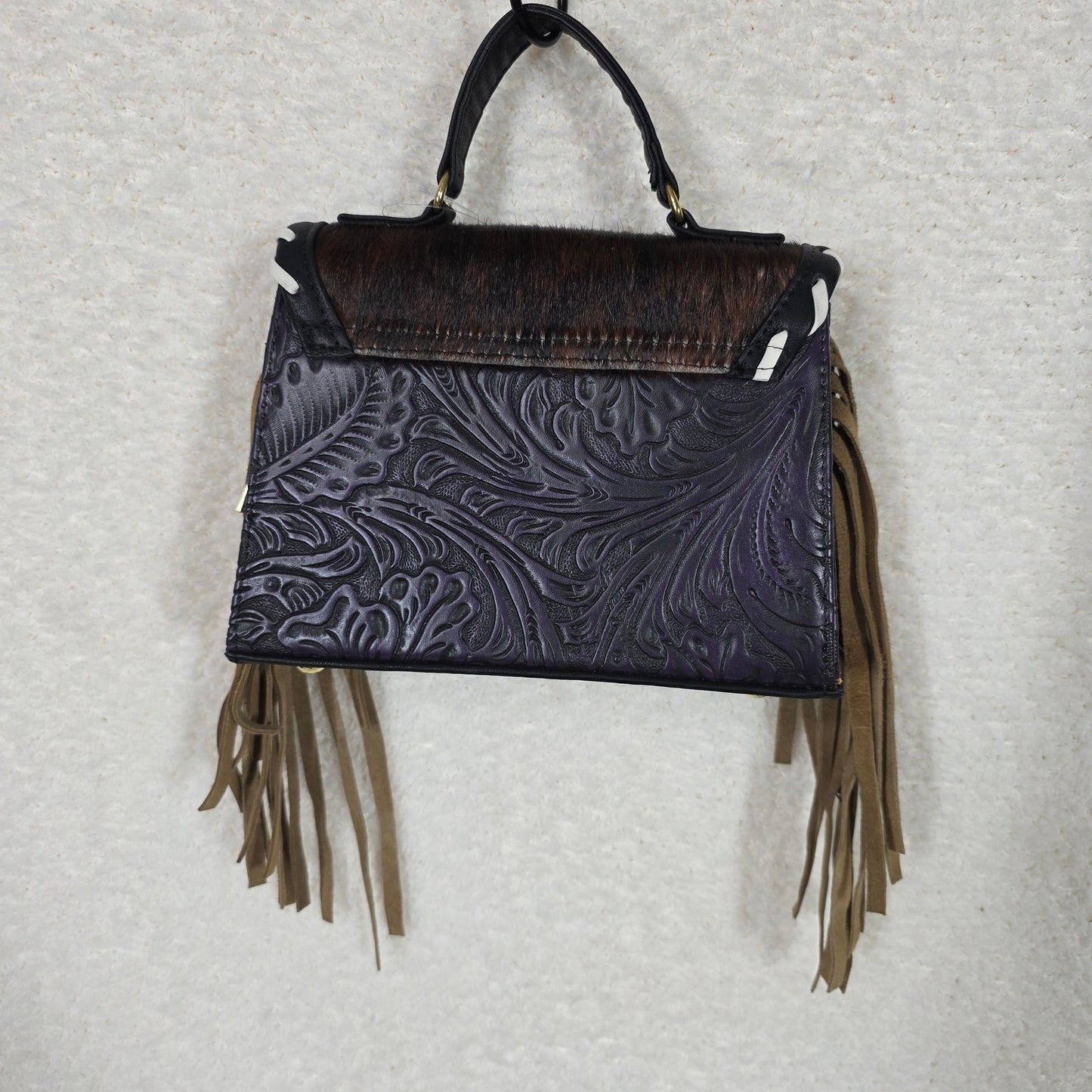 Handcrafted Purple Embossed Vegan Leather & Cowhide Hair-On Fringe Top Handle Bag