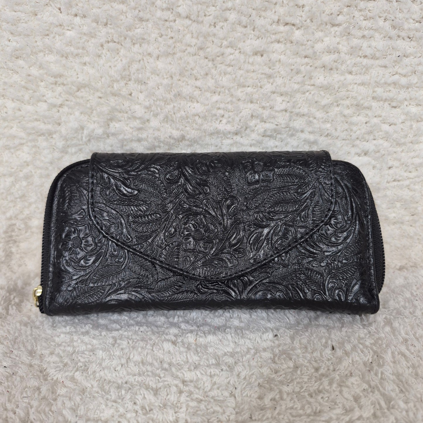 Black Floral Embossed Leather Flap Closure Wallet