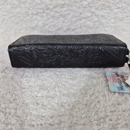 Black Floral Embossed Leather Double Zip Wallet with Flap | Handmade in Mexico