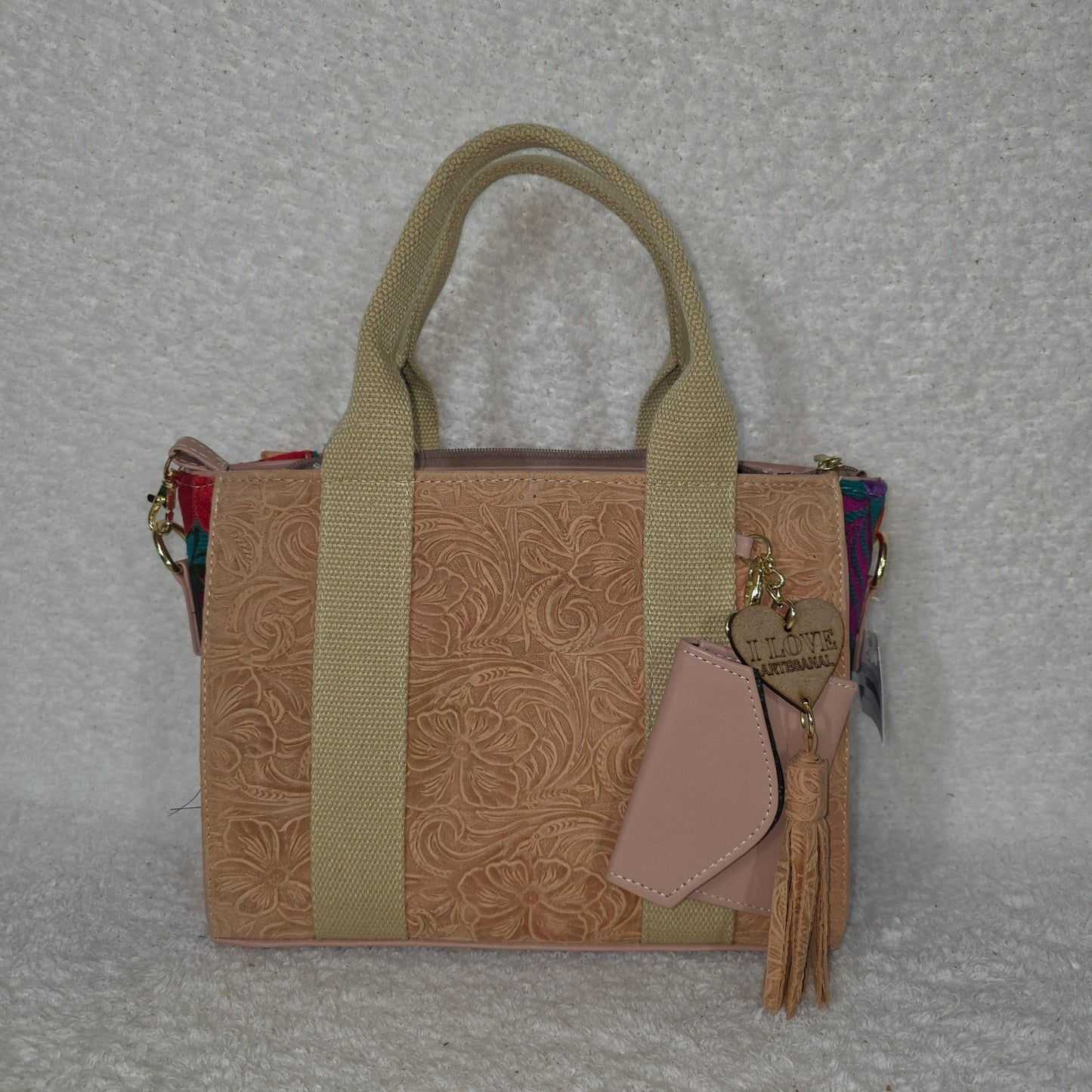 Handcrafted Mexican Light Coral Tooled Leather Handbag with Chiapas Loom Embroidered Side Panels