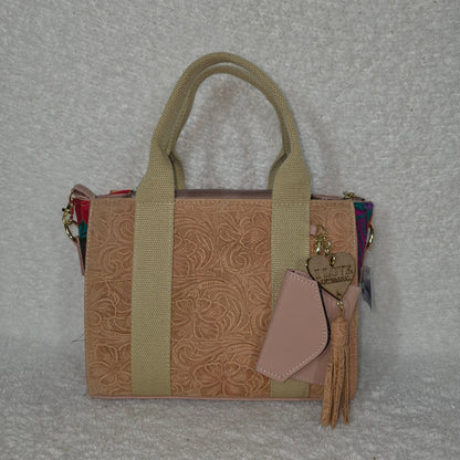 Handcrafted Mexican Blush Tan Tooled Leather & Chiapas Loom Handbag with Light Coral Trim