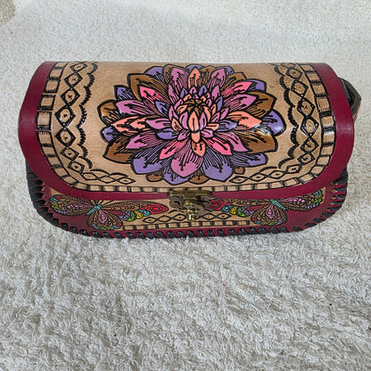 Mexican Hand-Tooled Leather Flower & Butterflies Tan Crossbody Bag with Burgundy Border