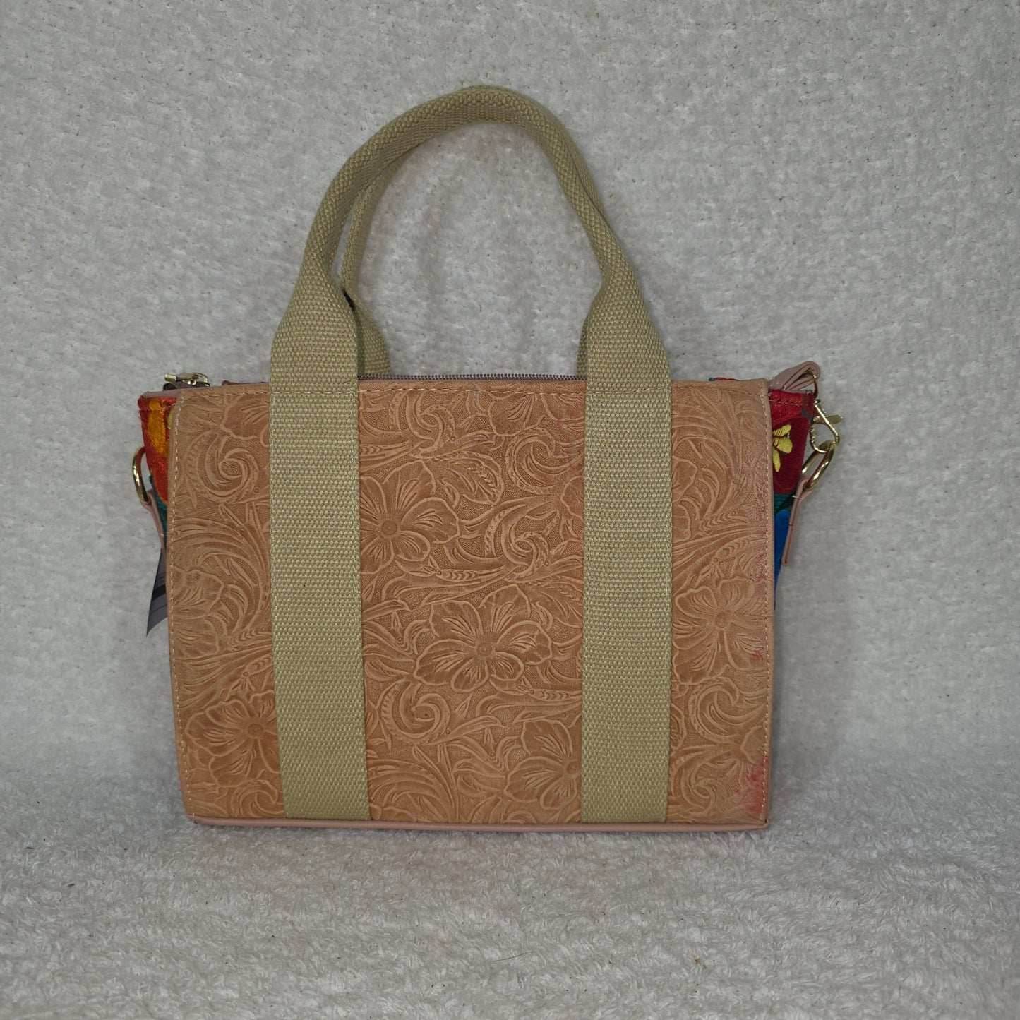 Handcrafted Mexican Light Coral Tooled Leather Handbag with Chiapas Loom Embroidered Side Panels