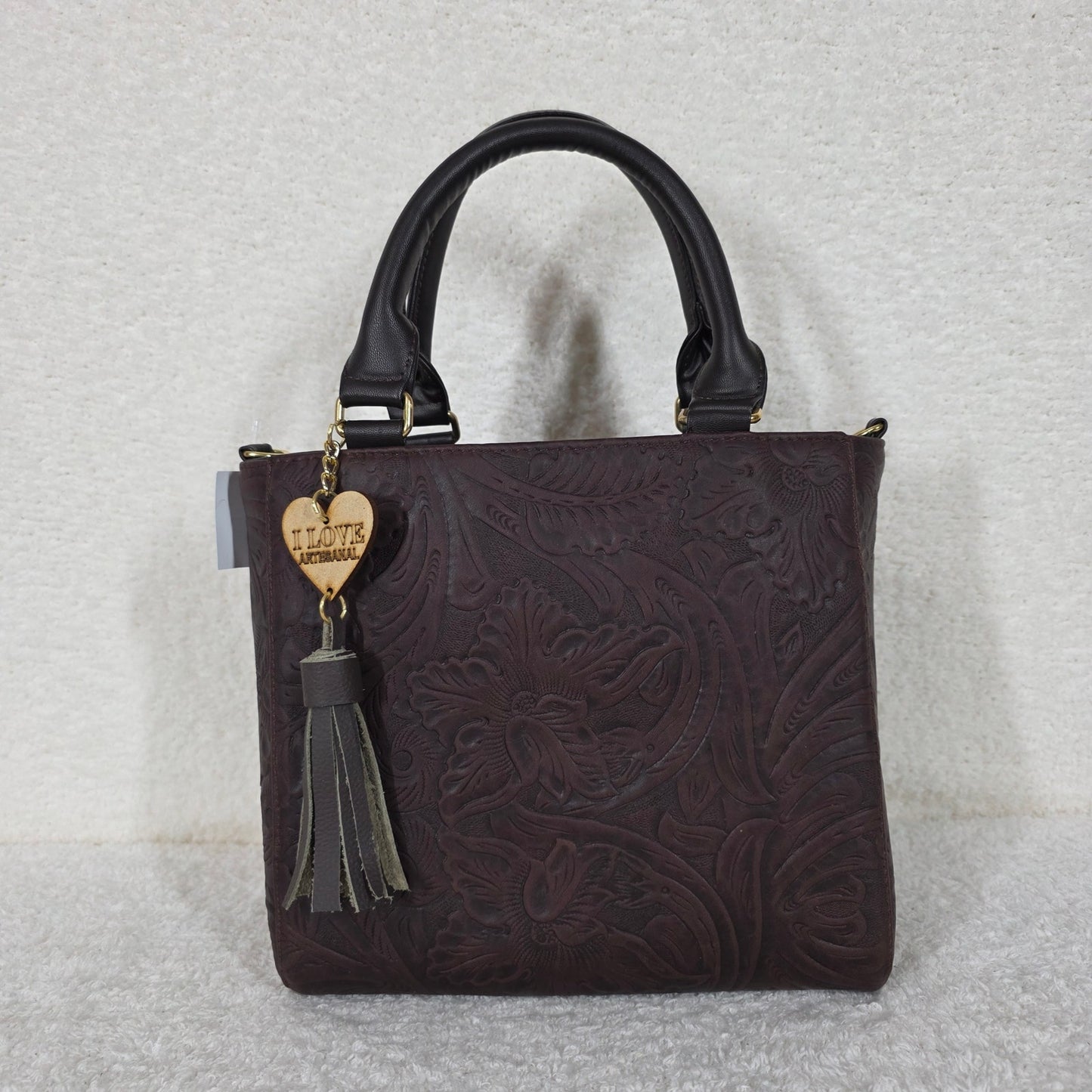 Mexican Artisanal Chocolate Brown Floral Tooled Leather Mini Satchel