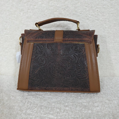 Handcrafted Mexican Floral Embossed Chocolate Brown Genuine Leather Top-Handle Bag