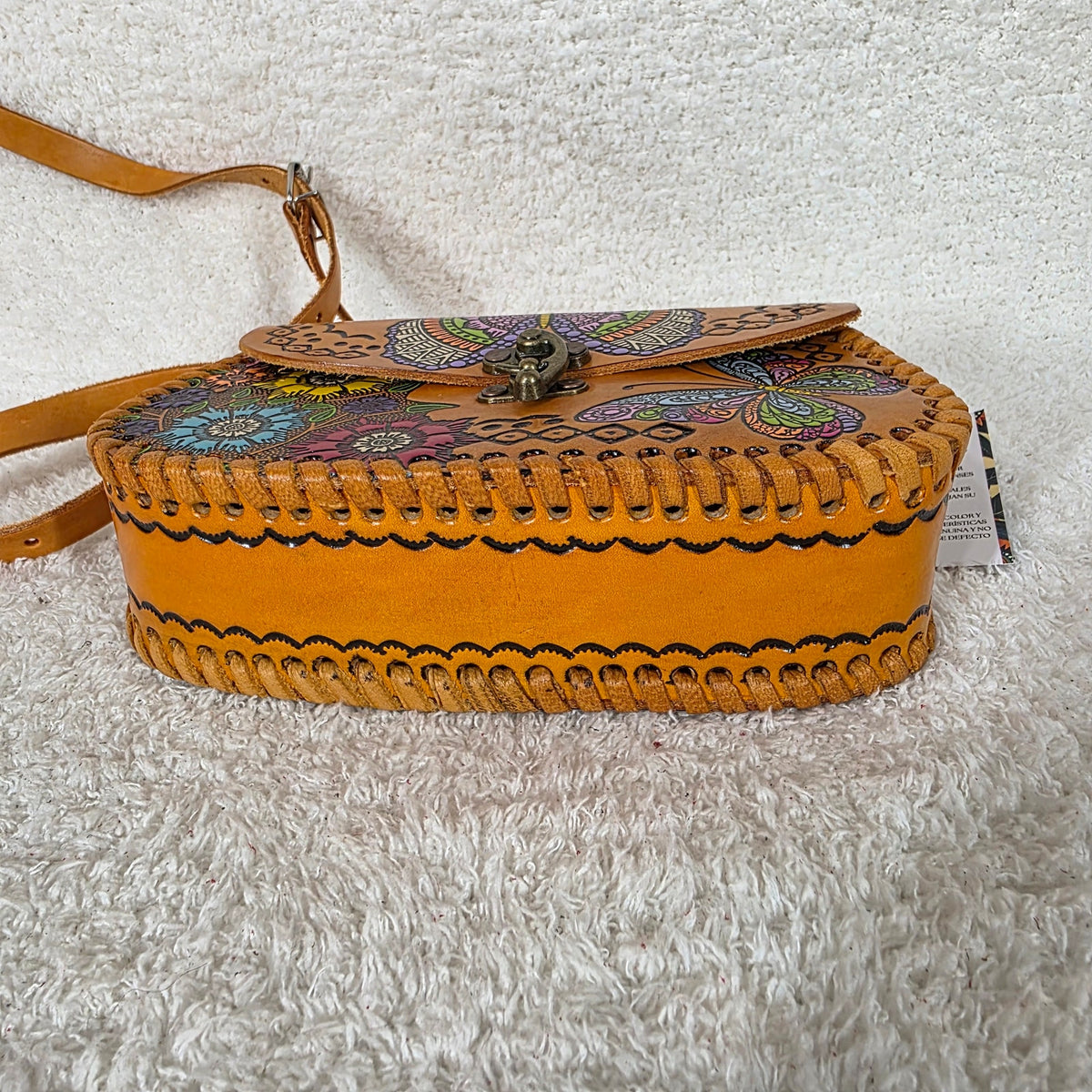 Mexican Hand-Tooled Leather Flowers & Butterflies Honey Brown Crossbody Bag