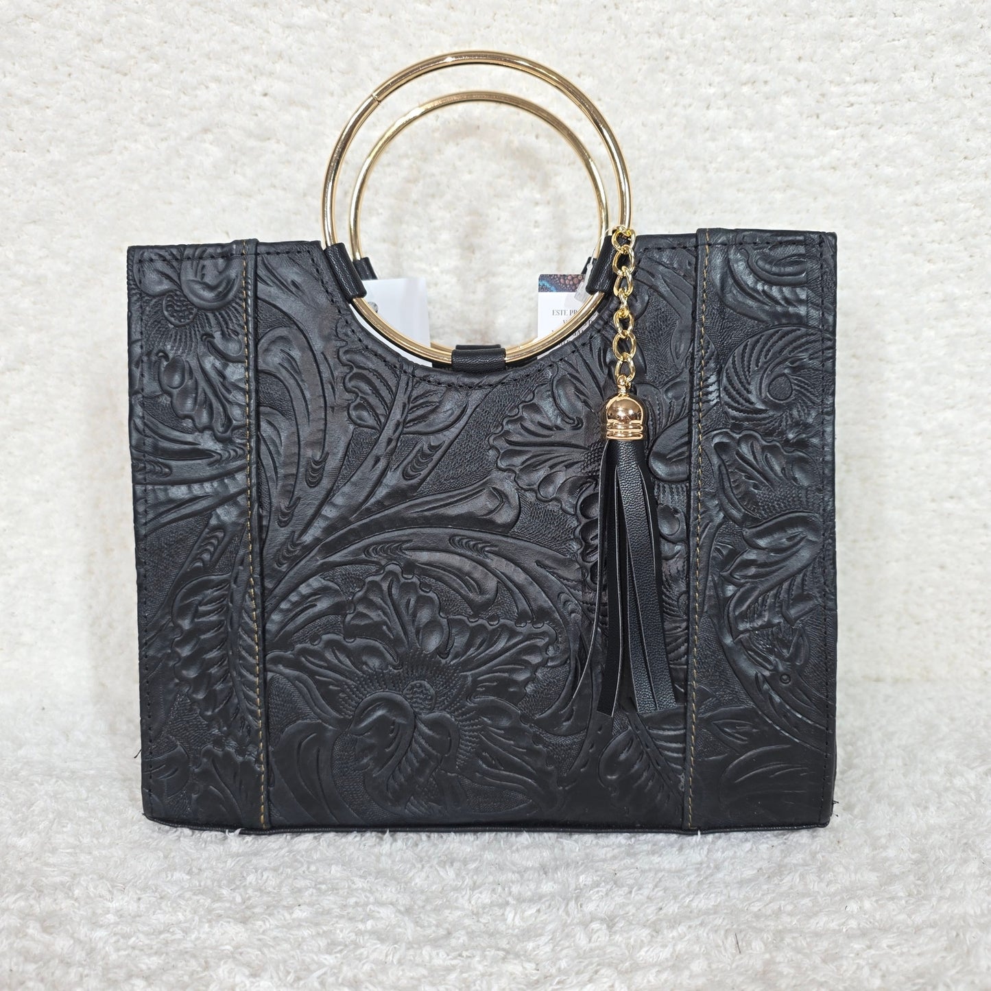 Handcrafted Mexican Black Tooled Leather Handbag with Gold-Tone Ring Handles