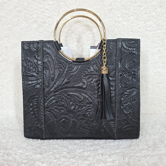 Black Hand-Tooled Leather Handbag with Gold-Tone Ring Handles — Handmade in León, Guanajuato