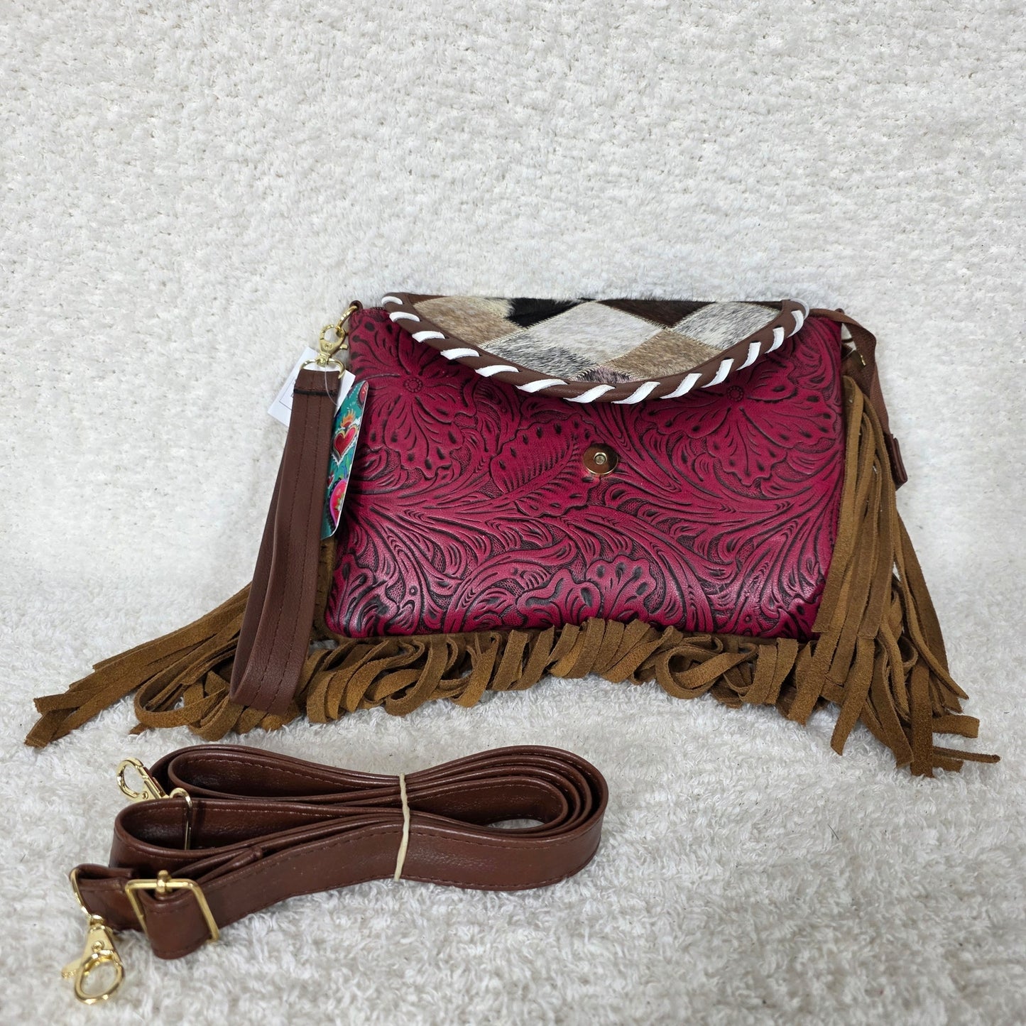 Mexican Red Floral Embossed Leather & Patchwork Cowhide Fringe Crossbody Bag