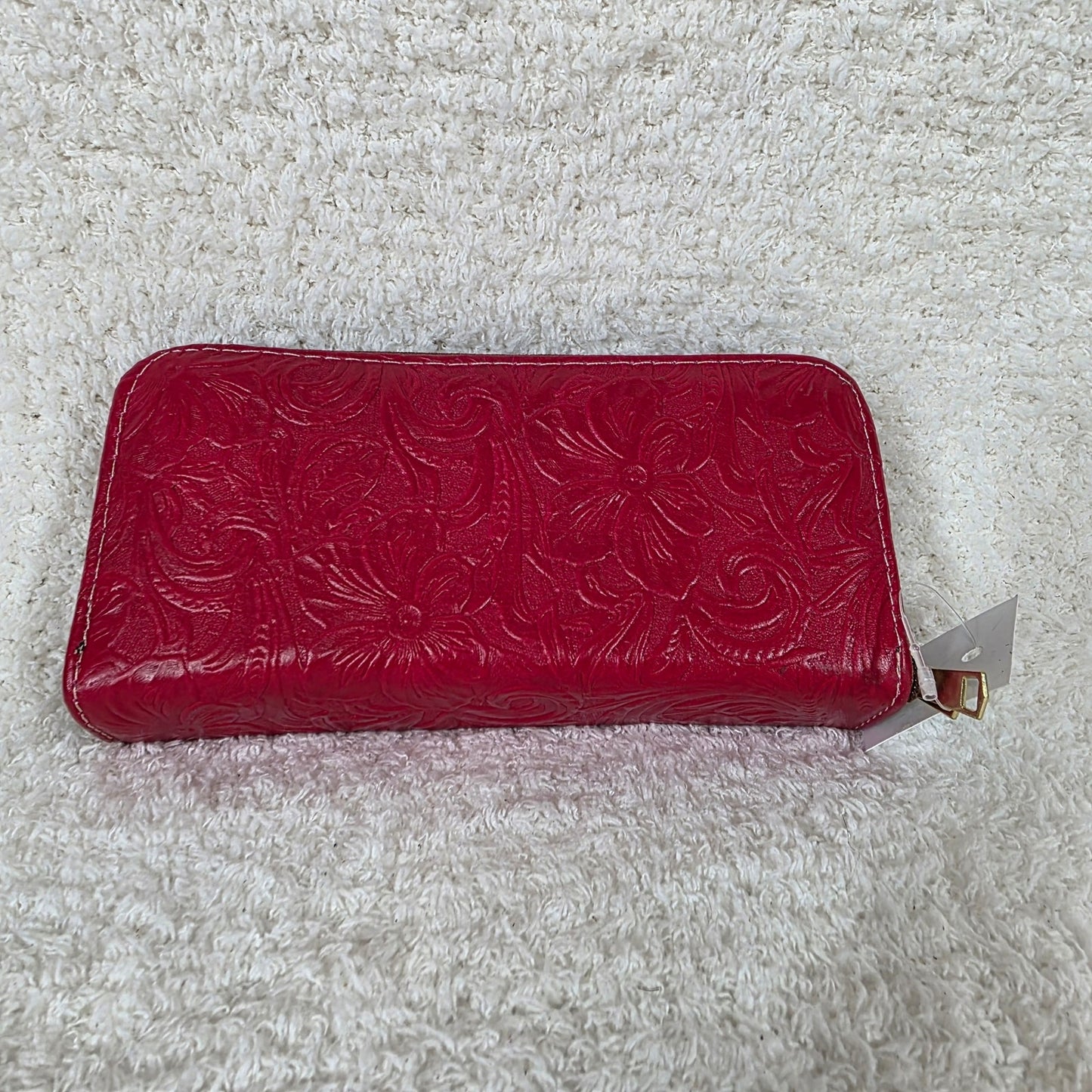 Red Floral Embossed Leather Tab Closure Wallet