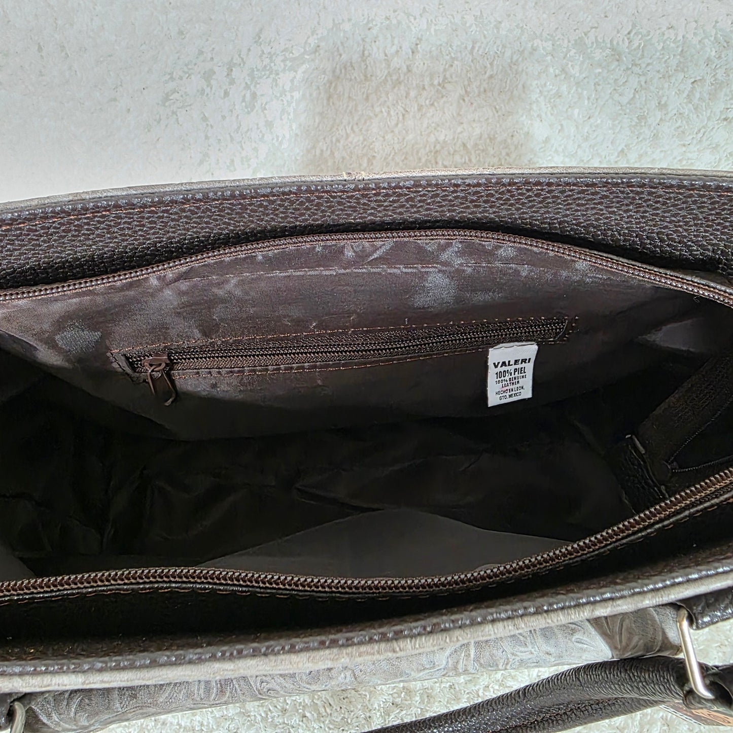 Handcrafted Mexican Brown Floral Embossed Leather Tote Bag with Front Pocket