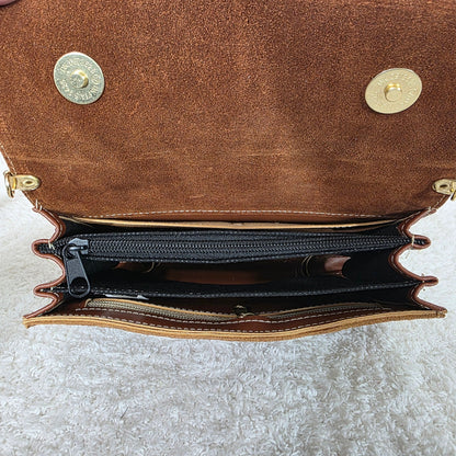 Handcrafted Embossed Floral Design Terracotta Brown Suede Leather Crossbody Bag