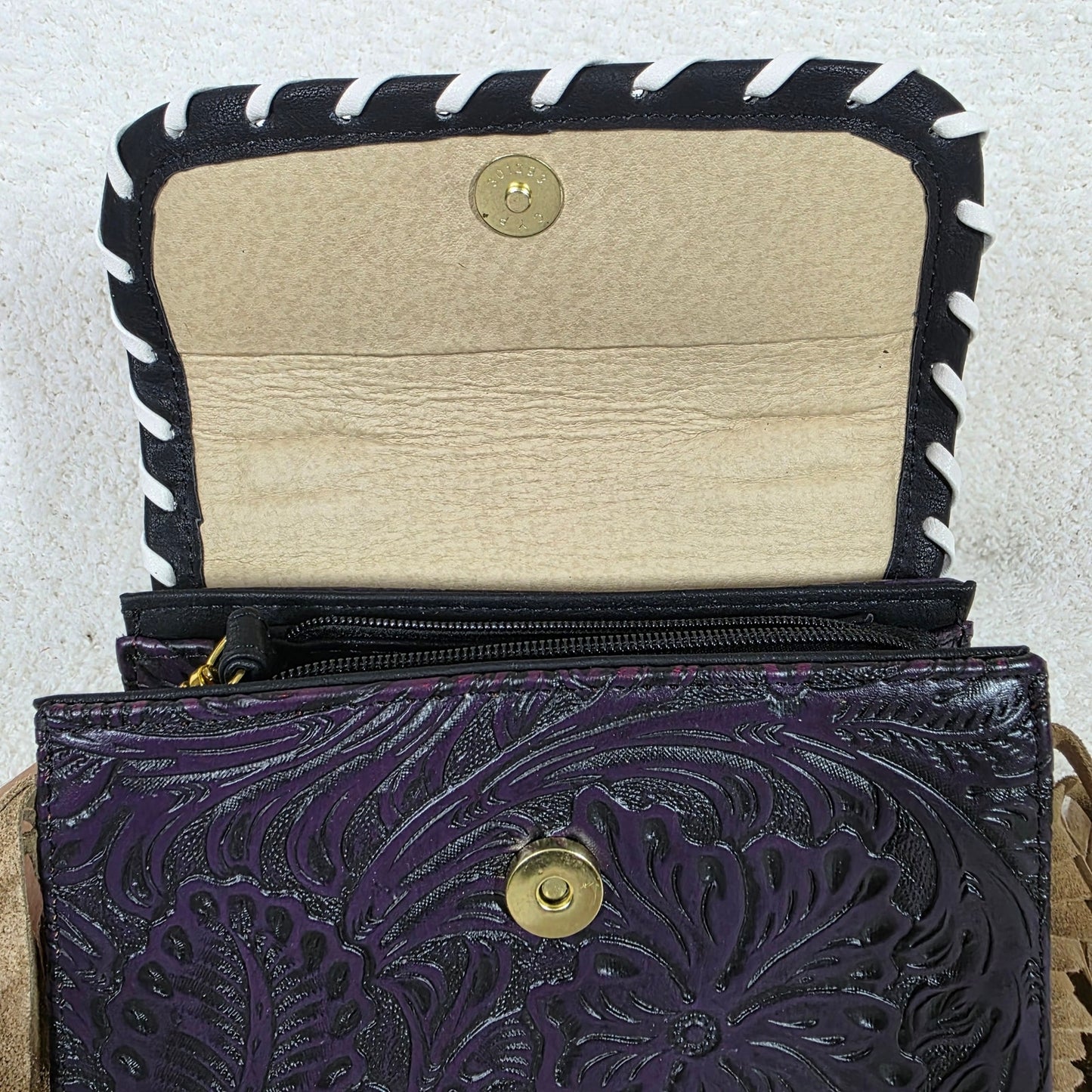 Handcrafted Purple Embossed Vegan Leather & Cowhide Hair-On Fringe Top Handle Bag