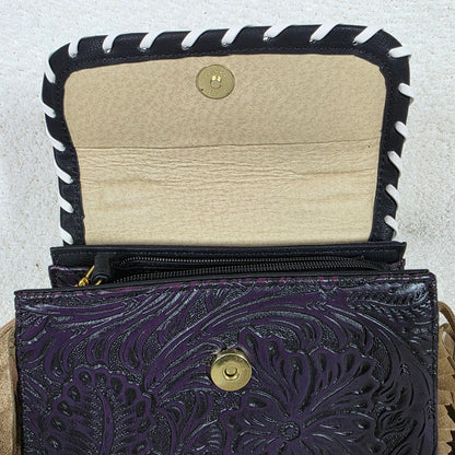 Dark Plum Embossed Vegan Leather & Cowhide Hair-On Fringe Top Handle Bag | Handmade in Mexico