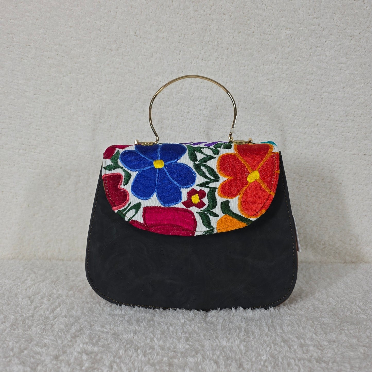 Handcrafted Mexican Matte Black Floral Embossed Vegan Leather Handbag with Chiapas Loom Flap & Gold-Tone Metal Handle