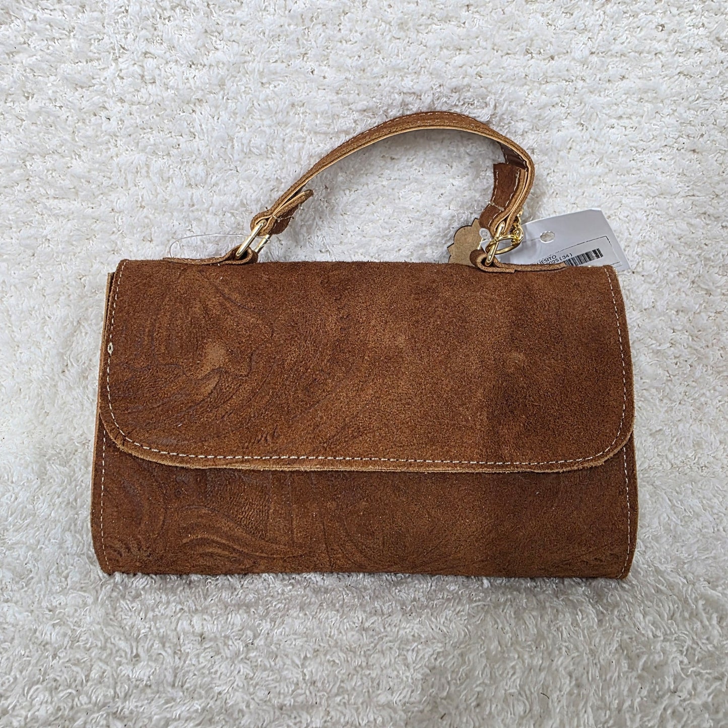 Handcrafted Embossed Floral Design Terracotta Brown Suede Leather Crossbody Bag