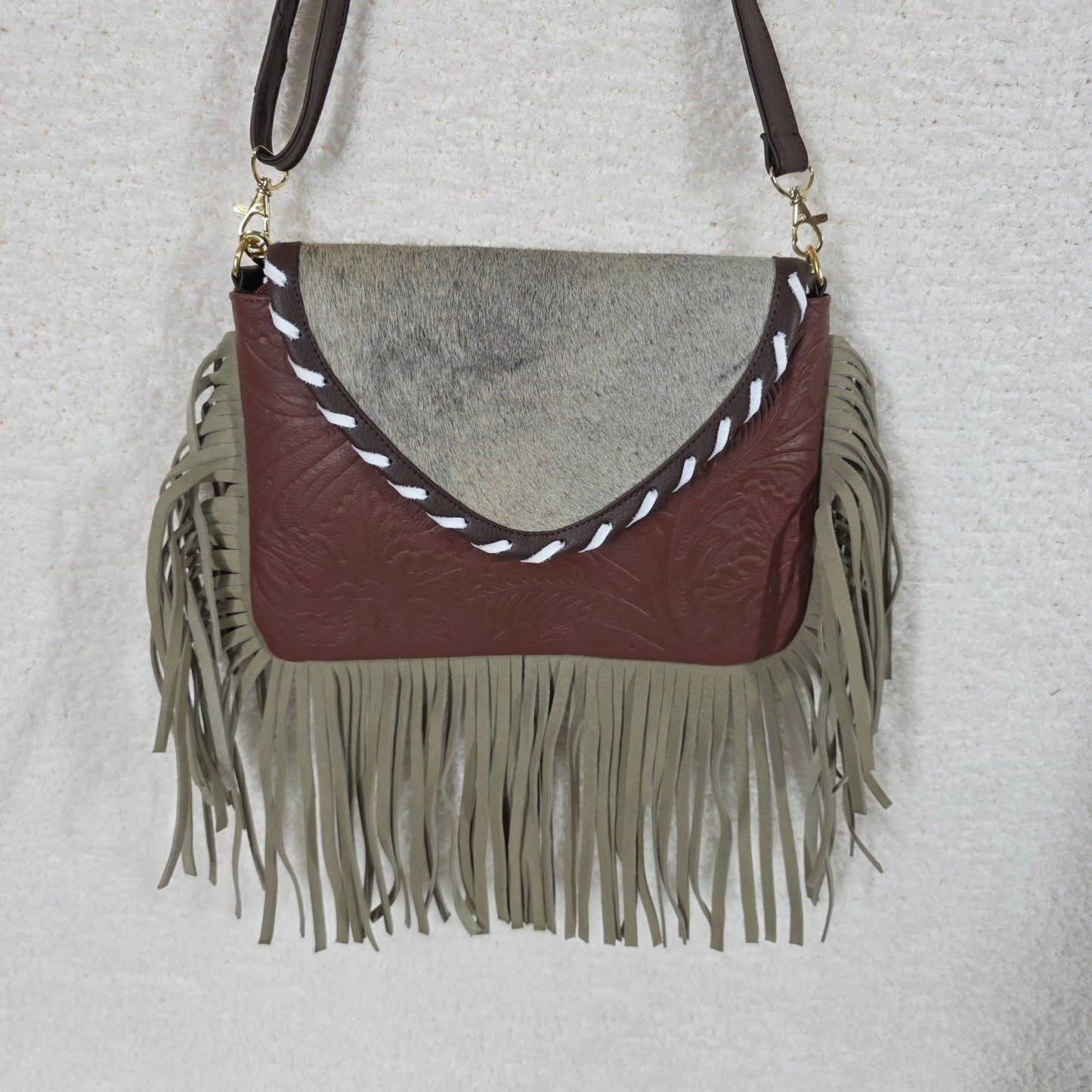 Handcrafted Mexican Brown Floral Embossed Tooled Leather & Cowhide Fringe Crossbody Bag
