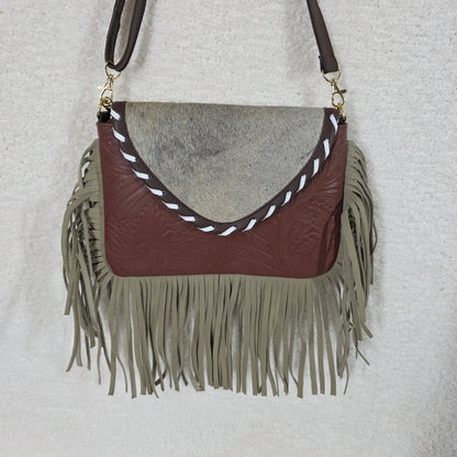 Brown Floral Embossed Hand-Tooled Leather & Cowhide Fringe Crossbody Bag — Handmade in Mexico