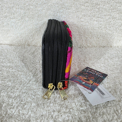 Black Floral Embossed & Chiapas Loom Leather Double Zip Wallet