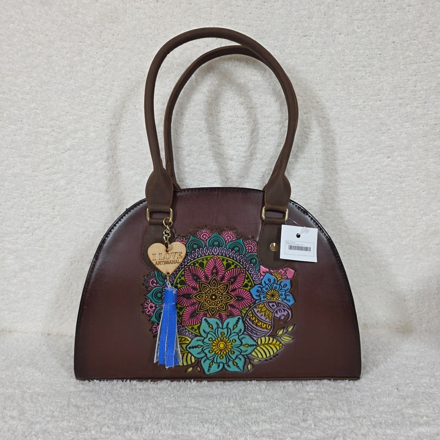 Handcrafted Mexican Brown Vegan Leather Dome Handbag with Colorful Mandala Embossed & Hand Painted Detail