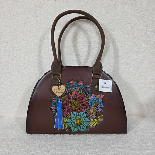Brown Vegan Leather Dome Handbag with Colorful Mandala Embossed & Hand Painted Detail — León