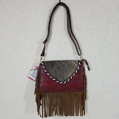 Mexican Red Floral Embossed Tooled Leather & Cowhide Fringe Crossbody Bag