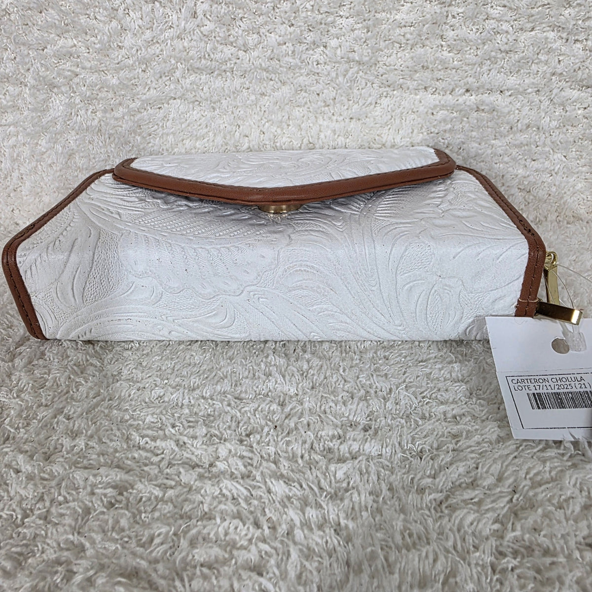 White Floral Embossed Leather Convertible Wallet Crossbody with Brown Trim