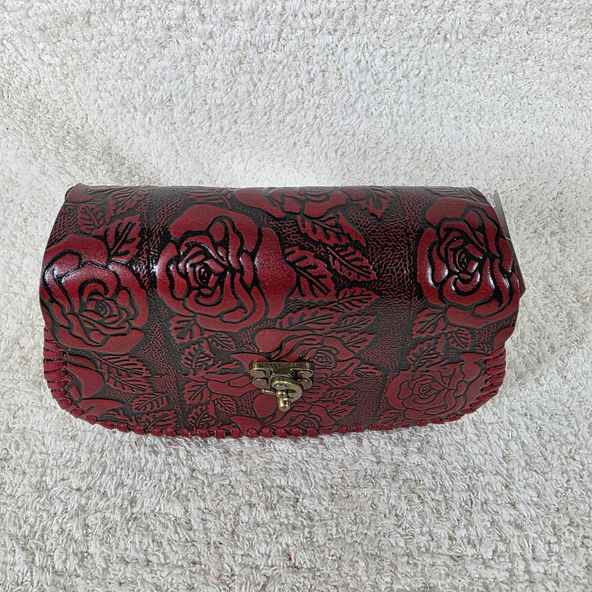 Mexican Hand-Tooled Roses Red Leather Crossbody Bag