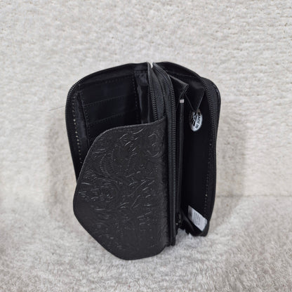 Black Floral Embossed Leather Double Zip Wallet with Flap | Handmade in Mexico