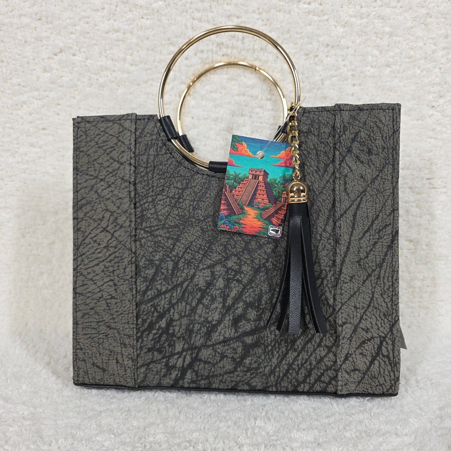 Handcrafted Mexican Distressed Gray Leather Handbag with Gold-Tone Ring Handles