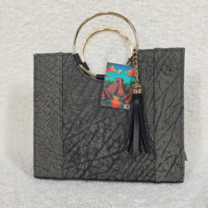Distressed Gray Leather Handbag with Gold-Tone Ring Handles — Handmade in León, Guanajuato