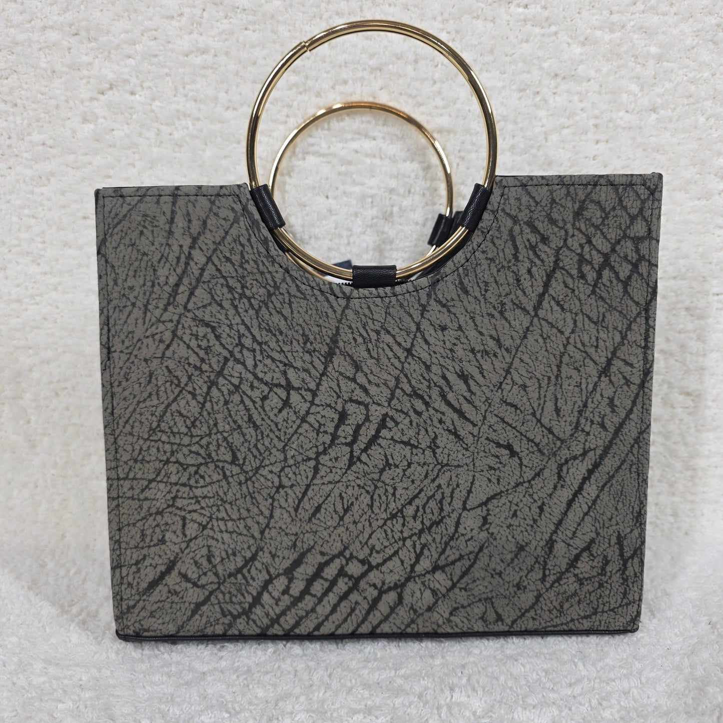 Handcrafted Mexican Distressed Gray Leather Handbag with Gold-Tone Ring Handles