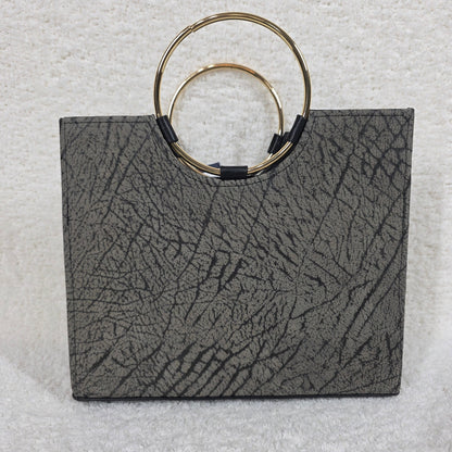 Handcrafted Mexican Distressed Gray Leather Handbag with Gold-Tone Ring Handles