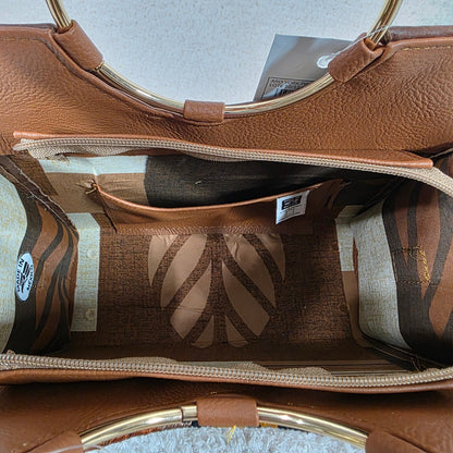 Handcrafted Mexican Brown Tooled Leather Handbag with Chiapas Loom Detail & Gold-Tone Ring Handles