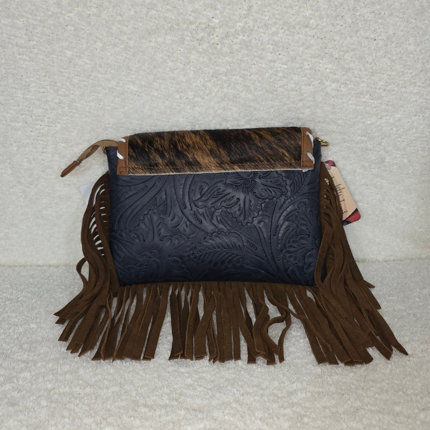 Handcrafted Blue Floral Embossed Leather & Cowhide Hair-On Fringe Crossbody Bag