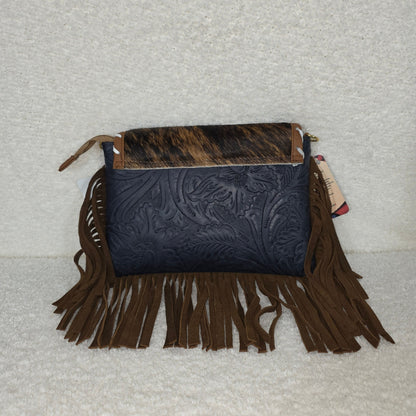 Handcrafted Blue Floral Embossed Leather & Cowhide Hair-On Fringe Crossbody Bag