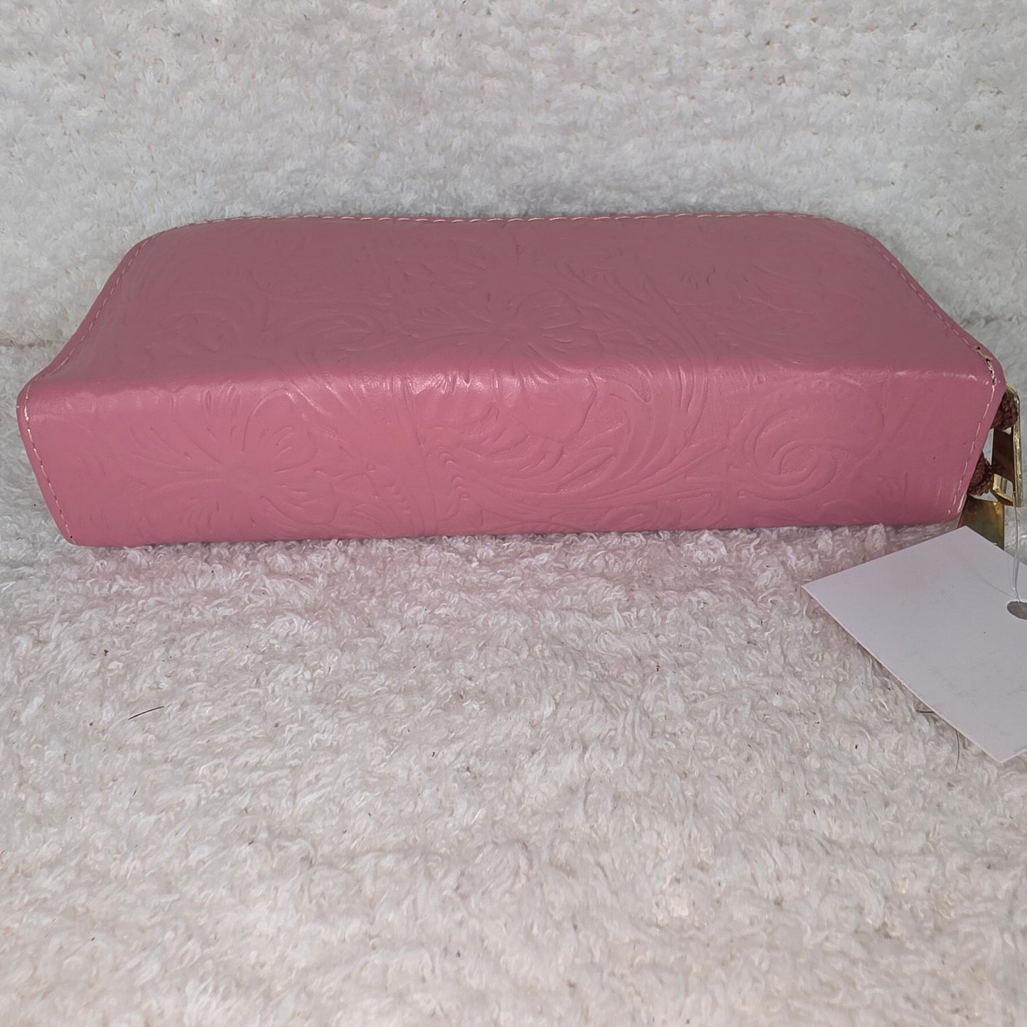Pink Floral Embossed Leather Double Zip Wallet
