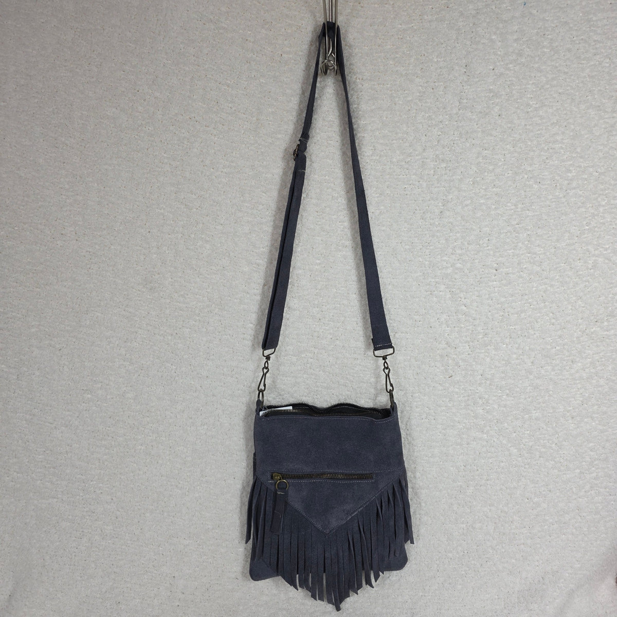 Denim Blue Boho Fringe Crossbody Bag Suede Leather Handcrafted in Mexico