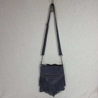 Denim Blue Boho Fringe Crossbody Bag Suede Leather Handcrafted in Mexico
