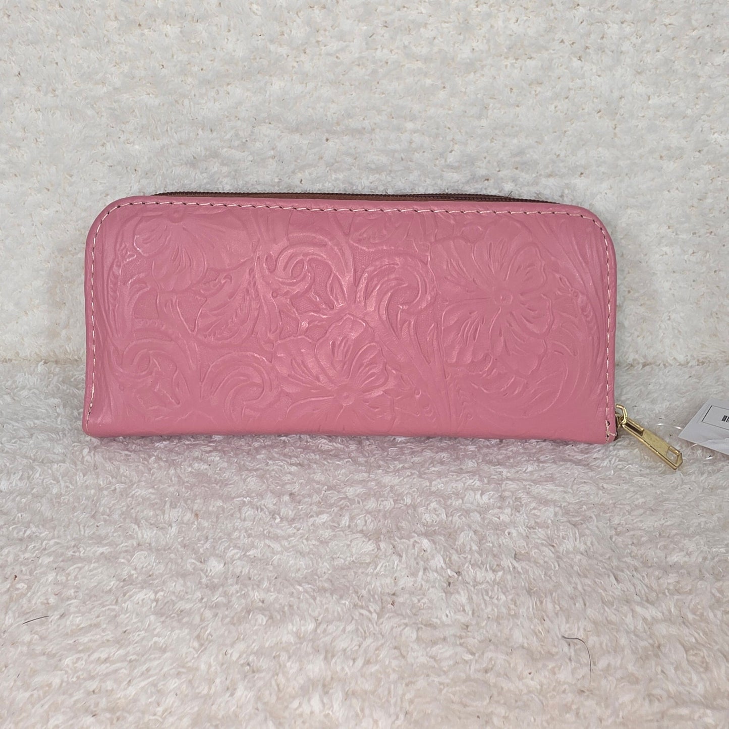 Pink Floral Embossed Leather Double Zip Wallet