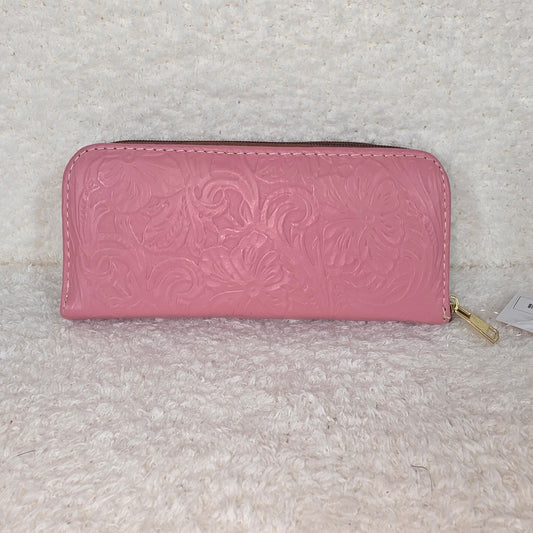 Pink Floral Embossed Genuine Leather Double Zip Wallet — Handmade in León, Guanajuato