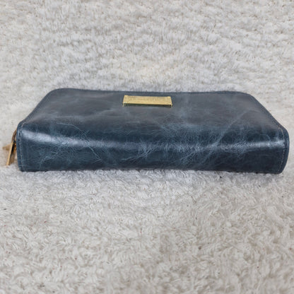 Steel Blue Leather Double Zip Bifold Wallet | Handmade in Mexico