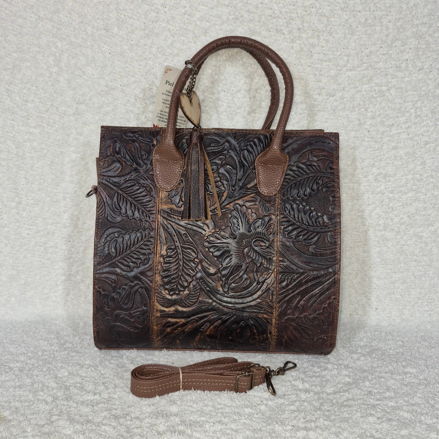 Handcrafted Mexican Brown Floral Embossed Leather & Synthetic Handbag