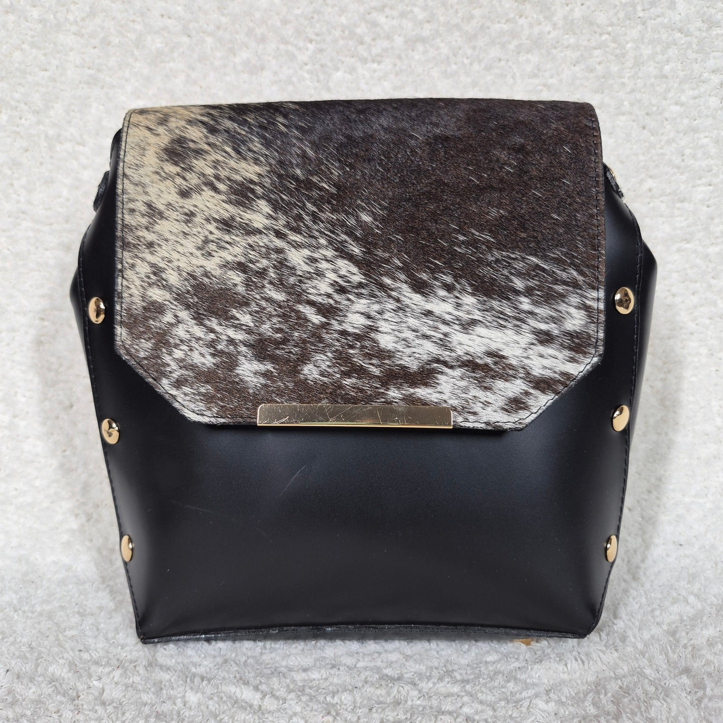 Handcrafted Mexican Black Leather Handbag with Cowhide Hair-On Flap & Gold-Tone Hardware