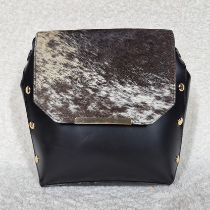 Black Leather Handbag with Cowhide Hair-On Flap & Gold-Tone Hardware — Handmade in Mexico