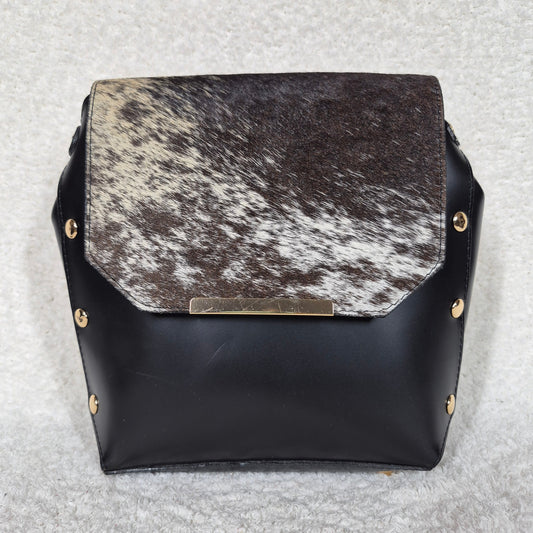 Black Leather Handbag with Cowhide Hair-On Flap & Gold-Tone Hardware — Handmade in Mexico