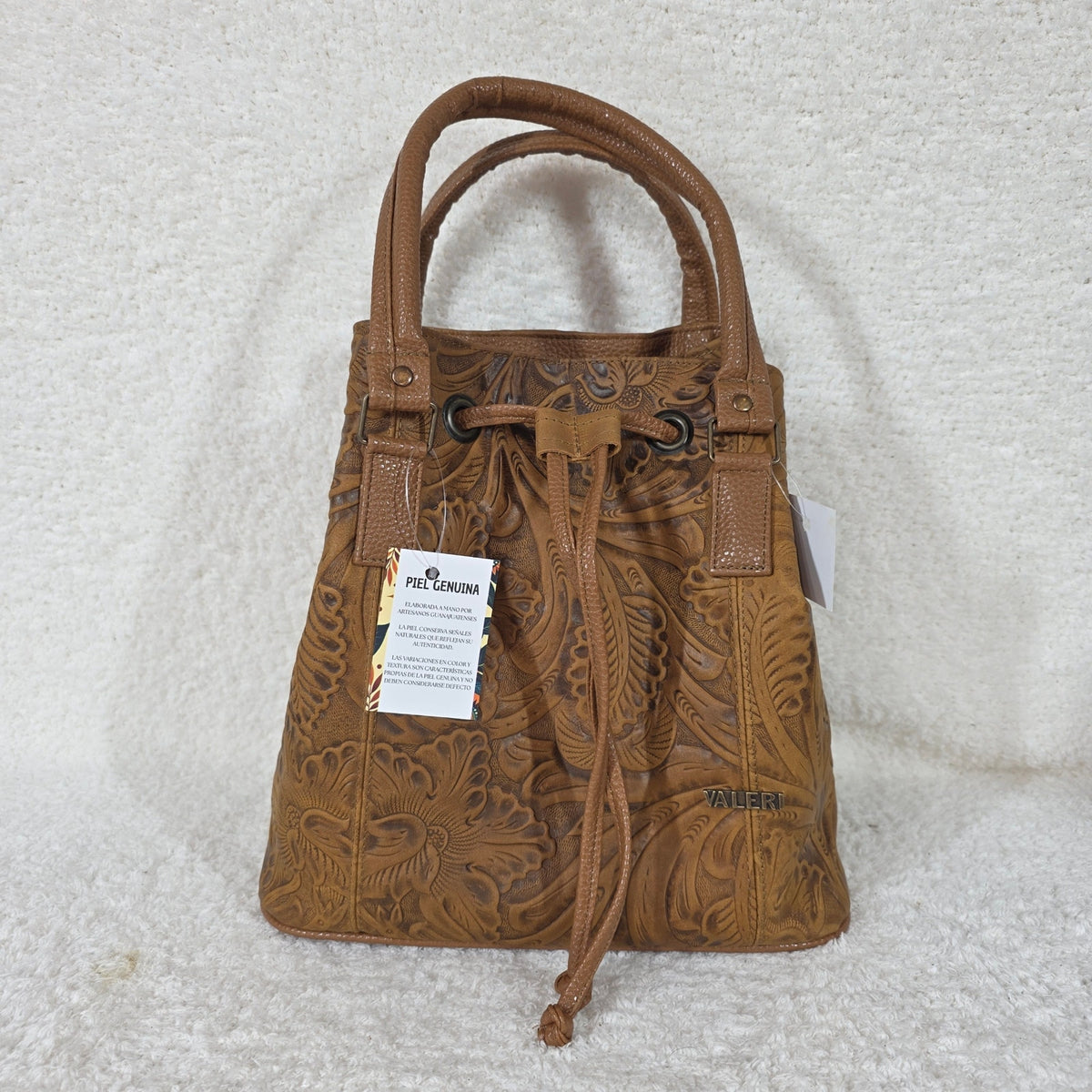 Honey Brown Floral Hand-Tooled Genuine Leather Drawstring Bucket Bag — Handmade in León, Guanajuato